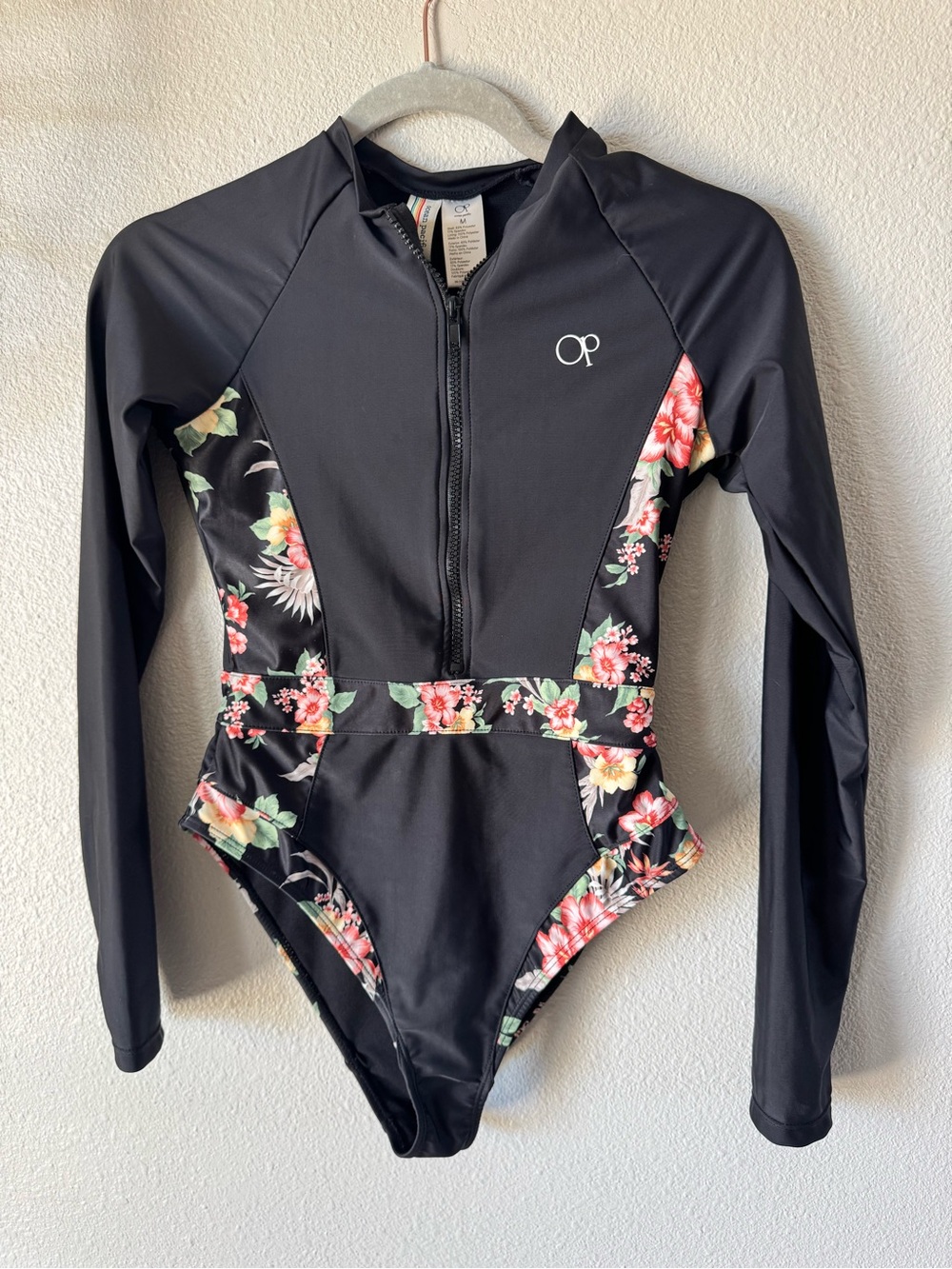 OP Black One-Piece Rashguard Swimsuit with Pink & Green Floral Panels